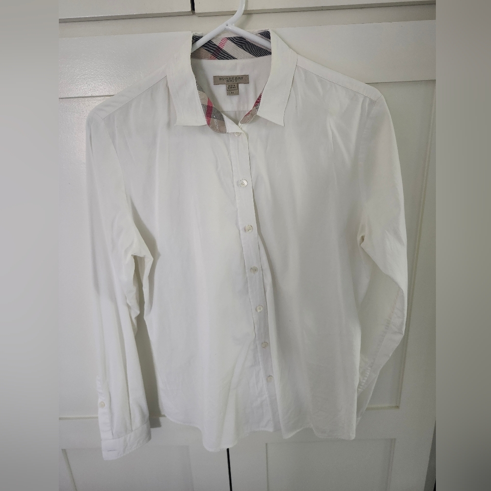 Burberry White Button Down Shirt with Plaid Collar And Sleeve Cuffs Womens Size
